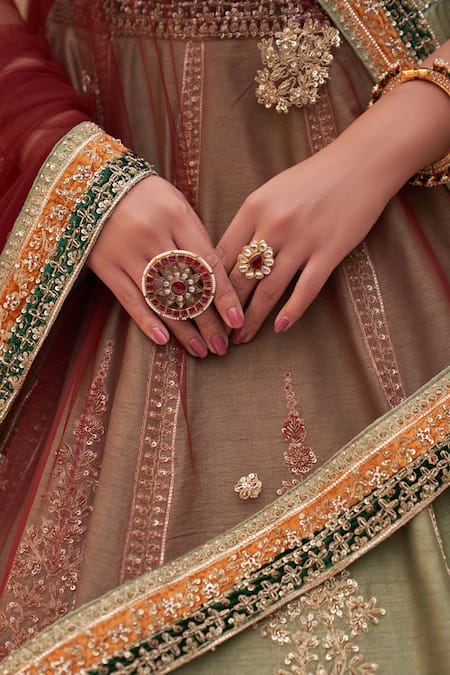 Shop Angad Singh Green Silk, Crepe Cut Work, Zari, Applique And Zardozi Bridal Lehenga Set Online at Aza Fashions Shop_Angad Singh_Green Silk, Crepe Cut Work, Zari, Applique And Zardozi Bridal Lehenga Set _Online_at_Aza_Fashions