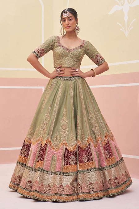 Buy Angad Singh Green Silk, Crepe Cut Work, Zari, Applique And Zardozi Bridal Lehenga Set Buy_Angad Singh_Green Silk, Crepe Cut Work, Zari, Applique And Zardozi Bridal Lehenga Set