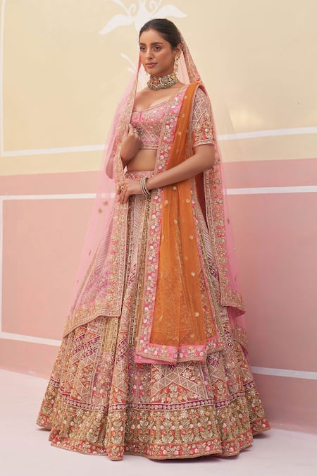 Angad Singh Pink Raw Silk Embroidered Organza Zardozi And Bridal Lehenga Set 