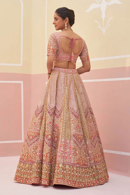 Shop_Angad Singh_Pink Silk, Crepe, Chiffon Zardozi And Applique Embroidered Bridal Lehenga Set _at_Aza_Fashions