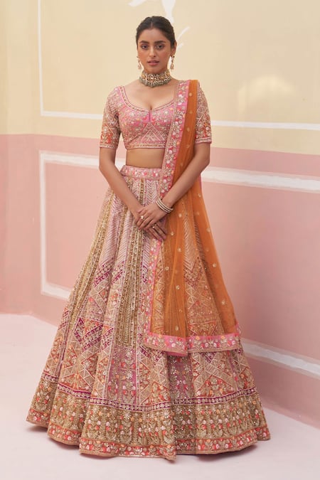 Angad Singh_Pink Silk, Crepe, Chiffon Zardozi And Applique Embroidered Bridal Lehenga Set _Online_at_Aza_Fashions