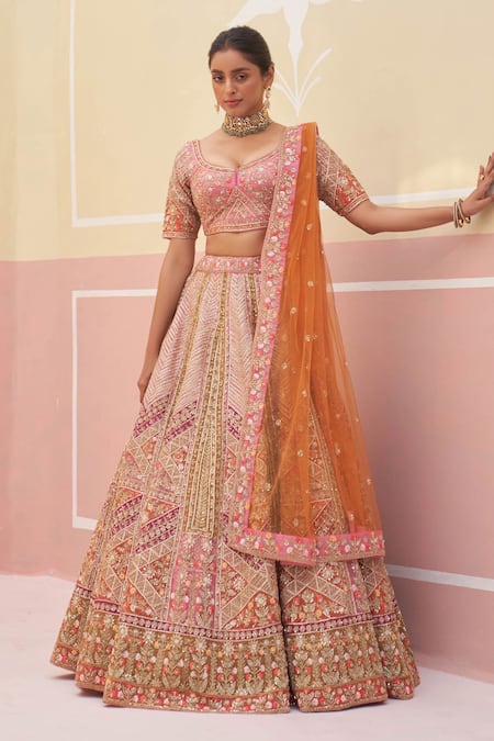 Shop_Angad Singh_Pink Silk, Crepe, Chiffon Zardozi And Applique Embroidered Bridal Lehenga Set _Online_at_Aza_Fashions