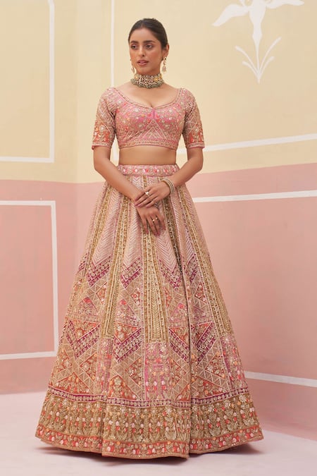 Buy_Angad Singh_Pink Silk, Crepe, Chiffon Zardozi And Applique Embroidered Bridal Lehenga Set 