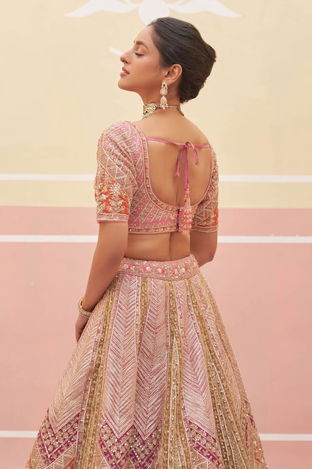 Shop_Angad Singh_Pink Silk, Crepe, Chiffon Zardozi And Applique Embroidered Bridal Lehenga Set 