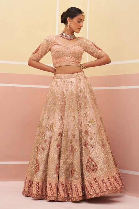 Shop Angad Singh Peach Organza, Crepe Embroidery, Sequins, Diamonds, Vintage Bridal Lehenga Set at Aza Fashions Shop_Angad Singh_Peach Organza, Crepe Embroidery, Sequins, Diamonds, Vintage Bridal Lehenga Set _at_Aza_Fashions