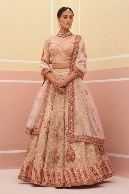 Angad Singh Peach Organza, Crepe Embroidery, Sequins, Diamonds, Vintage Bridal Lehenga Set Online at Aza Fashions Angad Singh_Peach Organza, Crepe Embroidery, Sequins, Diamonds, Vintage Bridal Lehenga Set _Online_at_Aza_Fashions