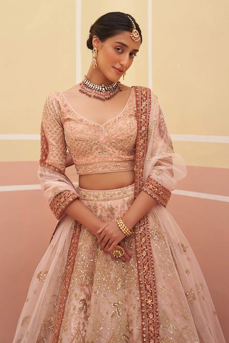 Angad Singh Peach Organza, Crepe Embroidery, Sequins, Diamonds, Vintage Bridal Lehenga Set at Aza Fashions Angad Singh_Peach Organza, Crepe Embroidery, Sequins, Diamonds, Vintage Bridal Lehenga Set _at_Aza_Fashions