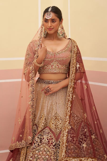 Angad Singh Pink Organza, Crepe Sequins, Embroidery, Mughal Applique Bridal Lehenga Set Online at Aza Fashions Angad Singh_Pink Organza, Crepe Sequins, Embroidery, Mughal Applique Bridal Lehenga Set _Online_at_Aza_Fashions