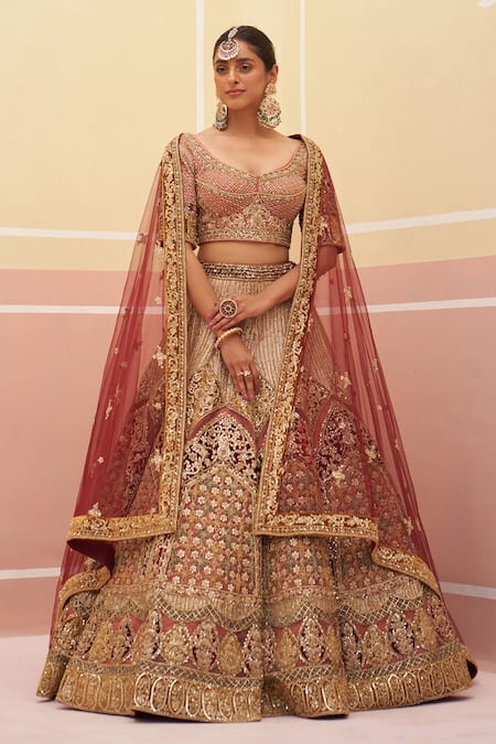 Shop Angad Singh Pink Organza, Crepe Sequins, Embroidery, Mughal Applique Bridal Lehenga Set Online at Aza Fashions Shop_Angad Singh_Pink Organza, Crepe Sequins, Embroidery, Mughal Applique Bridal Lehenga Set _Online_at_Aza_Fashions