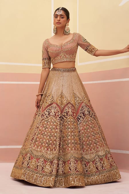 Angad Singh Pink Organza, Crepe Sequins, Embroidery, Mughal Applique Bridal Lehenga Set at Aza Fashions Angad Singh_Pink Organza, Crepe Sequins, Embroidery, Mughal Applique Bridal Lehenga Set _at_Aza_Fashions