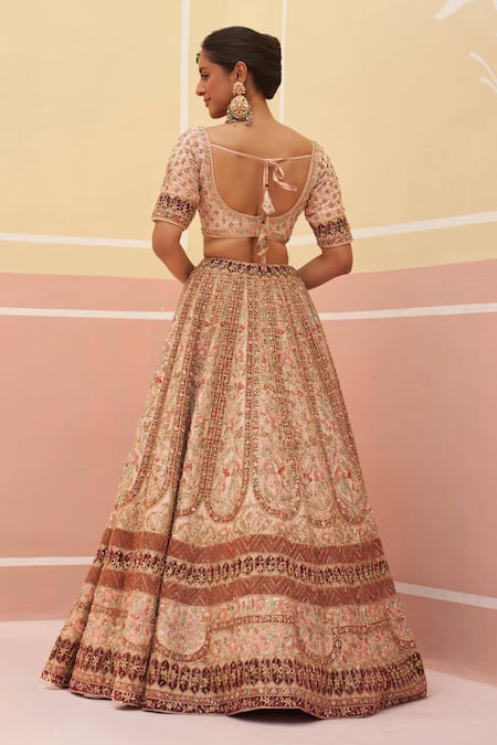 Shop Angad Singh Peach Silk, Crepe Embroidery, Zari, Sequins Floral Applique Bridal Lehenga Set at Aza Fashions Shop_Angad Singh_Peach Silk, Crepe Embroidery, Zari, Sequins Floral Applique Bridal Lehenga Set _at_Aza_Fashions