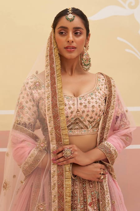 Angad Singh Peach Silk, Crepe Embroidery, Zari, Sequins Floral Applique Bridal Lehenga Set Online at Aza Fashions Angad Singh_Peach Silk, Crepe Embroidery, Zari, Sequins Floral Applique Bridal Lehenga Set _Online_at_Aza_Fashions