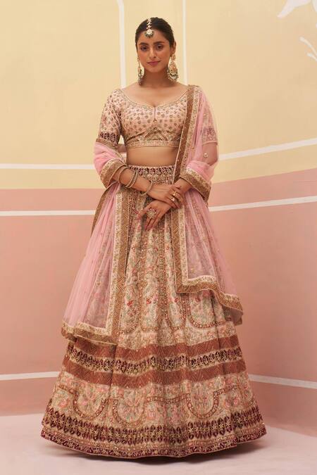 Buy Angad Singh Peach Silk, Crepe Embroidery, Zari, Sequins Floral Applique Bridal Lehenga Set Online at Aza Fashions Buy_Angad Singh_Peach Silk, Crepe Embroidery, Zari, Sequins Floral Applique Bridal Lehenga Set _Online_at_Aza_Fashions