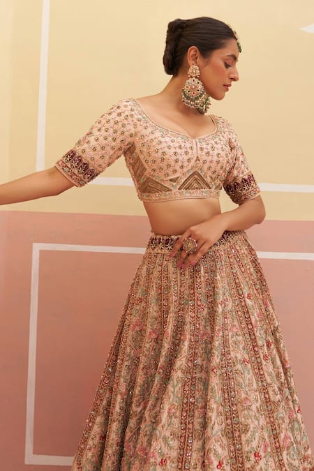 Shop Angad Singh Peach Silk, Crepe Embroidery, Zari, Sequins Floral Applique Bridal Lehenga Set Online at Aza Fashions Shop_Angad Singh_Peach Silk, Crepe Embroidery, Zari, Sequins Floral Applique Bridal Lehenga Set _Online_at_Aza_Fashions