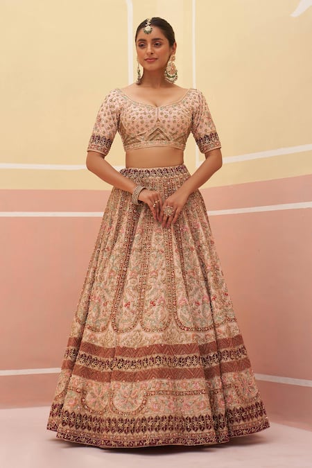 Angad Singh Peach Silk, Crepe Embroidery, Zari, Sequins Floral Applique Bridal Lehenga Set at Aza Fashions Angad Singh_Peach Silk, Crepe Embroidery, Zari, Sequins Floral Applique Bridal Lehenga Set _at_Aza_Fashions