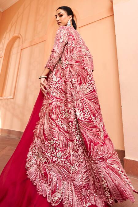 Shop Osaa By Adarsh Red Organza Zari, Embroidery V-neck Zardozi Jacket Skirt Set at Aza Fashions Shop_Osaa By Adarsh_Red Organza Zari, Embroidery V-neck Zardozi Jacket Skirt Set_at_Aza_Fashions