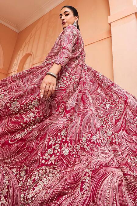 Osaa By Adarsh Red Organza Zari, Embroidery V-neck Zardozi Jacket Skirt Set Online at Aza Fashions Osaa By Adarsh_Red Organza Zari, Embroidery V-neck Zardozi Jacket Skirt Set_Online_at_Aza_Fashions