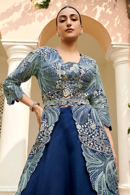 Osaa By Adarsh Blue Organza Embroidery, Zari Square Neck French Knots Jacket Skirt Set Online at Aza Fashions Osaa By Adarsh_Blue Organza Embroidery, Zari Square Neck French Knots Jacket Skirt Set_Online_at_Aza_Fashions
