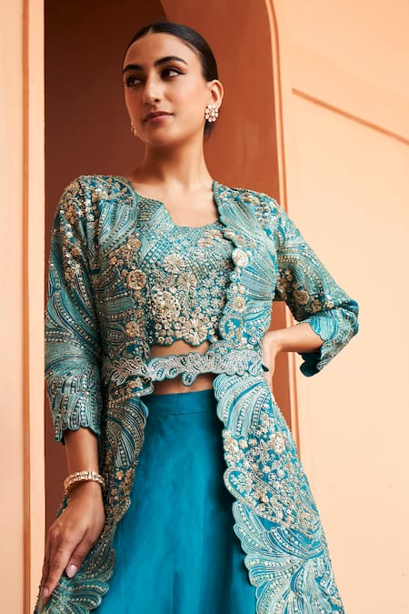 Osaa By Adarsh_Green Organza Embroidery, Zari Zardozi Floral Jacket Skirt Set_Online_at_Aza_Fashions