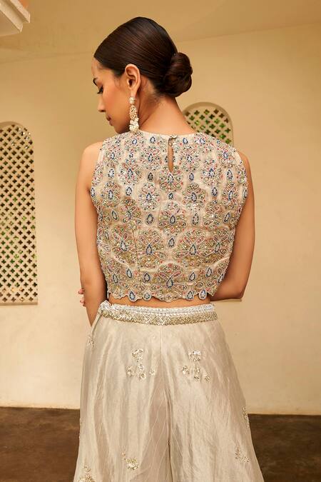 Shop Osaa By Adarsh Silver Tissue Zari, Embroidery Round Neck Zardozi Top With Skirt at Aza Fashions Shop_Osaa By Adarsh_Silver Tissue Zari, Embroidery Round Neck Zardozi Top With Skirt_at_Aza_Fashions