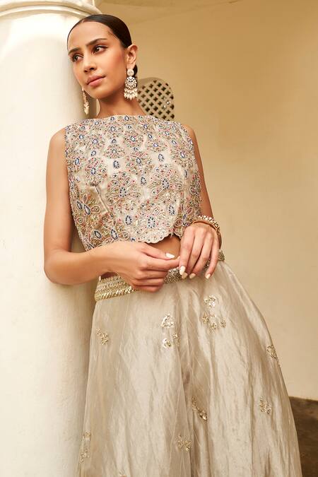 Osaa By Adarsh Silver Tissue Zari, Embroidery Round Neck Zardozi Top With Skirt Online at Aza Fashions Osaa By Adarsh_Silver Tissue Zari, Embroidery Round Neck Zardozi Top With Skirt_Online_at_Aza_Fashions