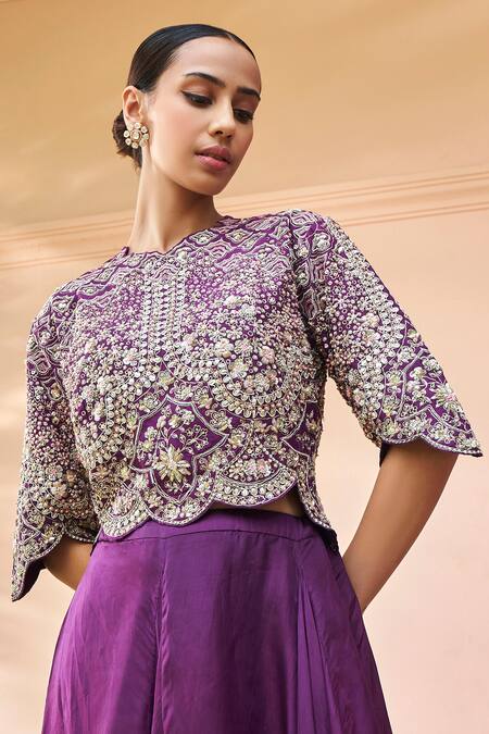 Osaa By Adarsh Purple Silk Embroidery Floral Top With Skirt Online at Aza Fashions Osaa By Adarsh_Purple Silk Embroidery Floral Top With Skirt_Online_at_Aza_Fashions