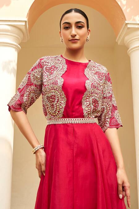 Osaa By Adarsh_Red Organza Zari, Embroidery Round Neck Zardozi Jacket With Dress_Online_at_Aza_Fashions