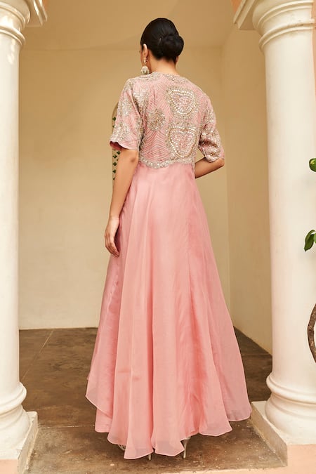 Shop Osaa By Adarsh Pink Organza Zari, Embroidery Round Neck Floral Zardozi Jacket With Dress at Aza Fashions Shop_Osaa By Adarsh_Pink Organza Zari, Embroidery Round Neck Floral Zardozi Jacket With Dress_at_Aza_Fashions