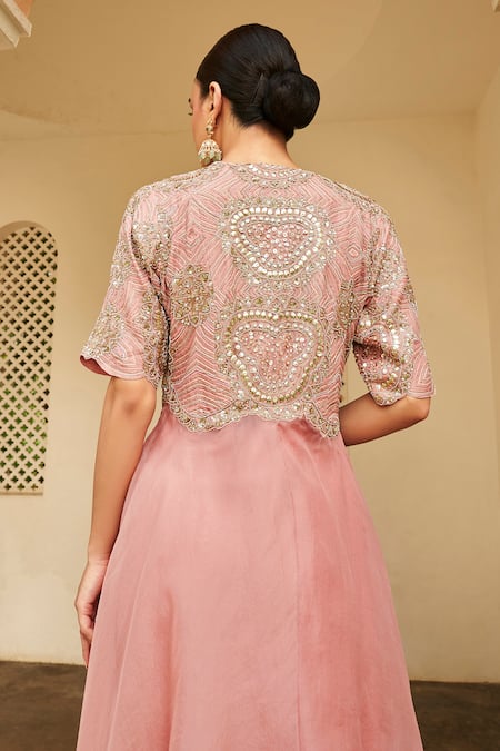 Buy Osaa By Adarsh Pink Organza Zari, Embroidery Round Neck Floral Zardozi Jacket With Dress Online at Aza Fashions Buy_Osaa By Adarsh_Pink Organza Zari, Embroidery Round Neck Floral Zardozi Jacket With Dress_Online_at_Aza_Fashions