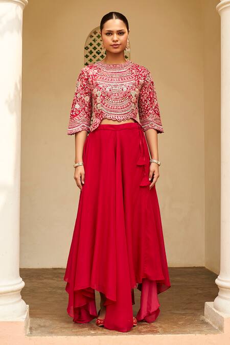 Buy_Osaa By Adarsh_Red Silk Zari, Diamonds, Embroidery Round Neck Floral Zardozi Top With Skirt_Online_at_Aza_Fashions