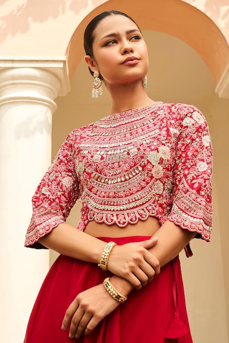 Shop_Osaa By Adarsh_Red Silk Zari, Diamonds, Embroidery Round Neck Floral Zardozi Top With Skirt_Online_at_Aza_Fashions
