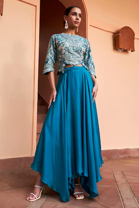 Osaa by Adarsh Floral Bloom Zardozi Embroidered Top With Skirt 