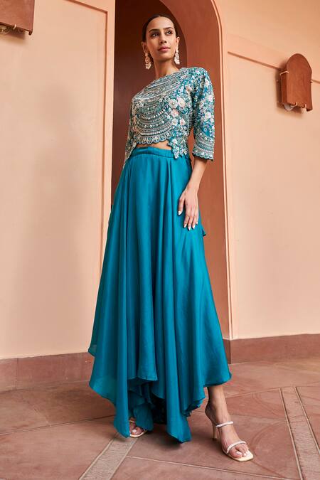 Osaa By Adarsh_Green Silk Zari, Embroidery Round Neck Floral Bloom Zardozi Top With Skirt_Online_at_Aza_Fashions