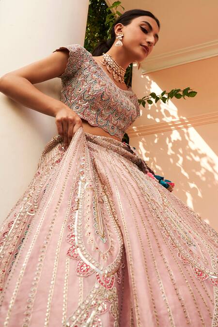 Osaa By Adarsh_Pink Organza Embroidery V-neck Aari And Dori Bridal Lehenga Set_Online_at_Aza_Fashions