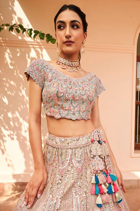 Buy_Osaa By Adarsh_Pink Organza Embroidery V-neck Aari And Dori Bridal Lehenga Set_Online_at_Aza_Fashions