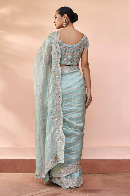 Shop Osaa By Adarsh Blue Tissue Zari, Embroidery V-neck Zardozi Saree With Blouse at Aza Fashions Shop_Osaa By Adarsh_Blue Tissue Zari, Embroidery V-neck Zardozi Saree With Blouse_at_Aza_Fashions