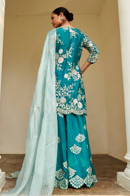 Shop Osaa By Adarsh Green Silk, Chiffon Embroidery Round Neck Floral Kurta Sharara Set at Aza Fashions Shop_Osaa By Adarsh_Green Silk, Chiffon Embroidery Round Neck Floral Kurta Sharara Set_at_Aza_Fashions