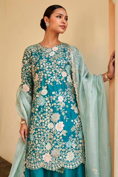 Osaa By Adarsh Green Silk, Chiffon Embroidery Round Neck Floral Kurta Sharara Set Online at Aza Fashions Osaa By Adarsh_Green Silk, Chiffon Embroidery Round Neck Floral Kurta Sharara Set_Online_at_Aza_Fashions
