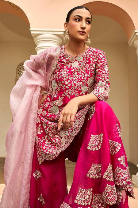 Osaa By Adarsh_Pink Silk Embroidery, Applique Round Neck Floral Zardozi Kurta Sharara Set_Online_at_Aza_Fashions