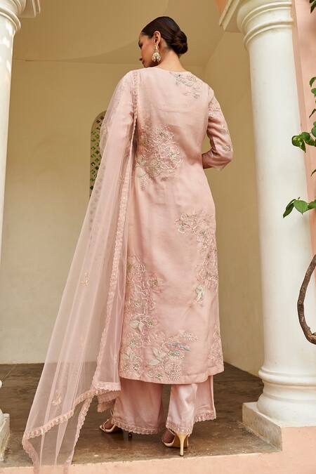 Shop Osaa By Adarsh Peach Organza Embroidery Round Neck, Floral Vine Kurta Pant Set at Aza Fashions Shop_Osaa By Adarsh_Peach Organza Embroidery Round Neck, Floral Vine Kurta Pant Set_at_Aza_Fashions
