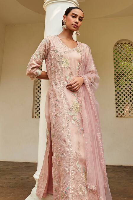 Osaa By Adarsh Peach Organza Embroidery Round Neck, Floral Vine Kurta Pant Set Online at Aza Fashions Osaa By Adarsh_Peach Organza Embroidery Round Neck, Floral Vine Kurta Pant Set_Online_at_Aza_Fashions