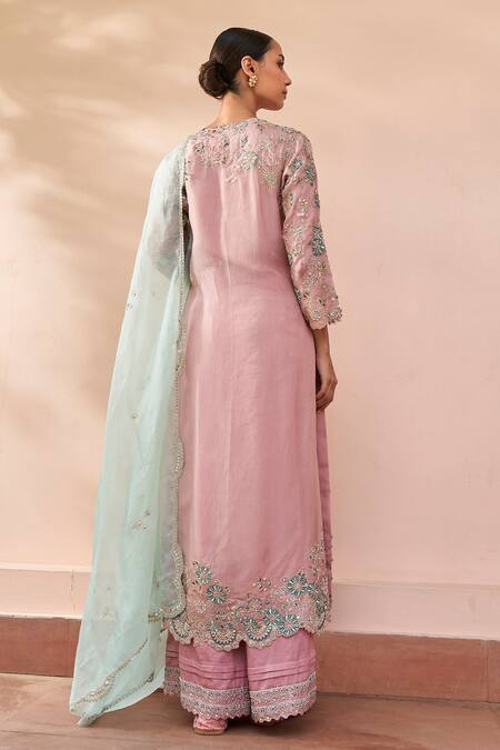 Shop Osaa By Adarsh Pink Organza Embroidery Flower Vine Kurta Pant Set at Aza Fashions Shop_Osaa By Adarsh_Pink Organza Embroidery Flower Vine Kurta Pant Set_at_Aza_Fashions