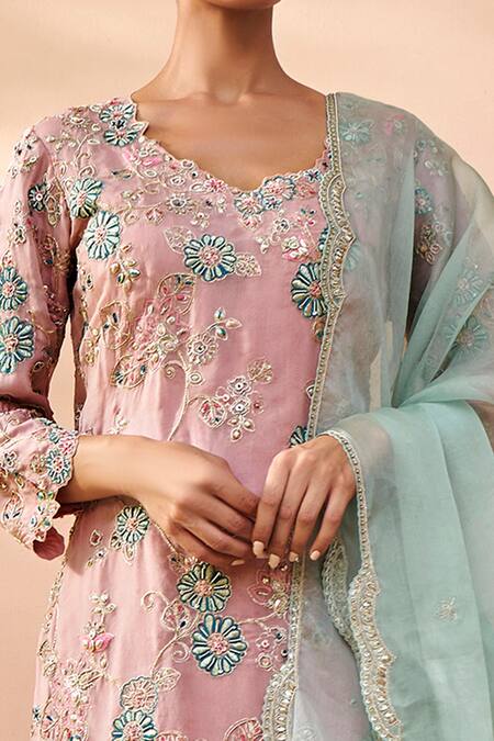 Osaa By Adarsh Pink Organza Embroidery Flower Vine Kurta Pant Set Online at Aza Fashions Osaa By Adarsh_Pink Organza Embroidery Flower Vine Kurta Pant Set_Online_at_Aza_Fashions