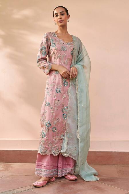 Buy Osaa By Adarsh Pink Organza Embroidery Flower Vine Kurta Pant Set Online at Aza Fashions Buy_Osaa By Adarsh_Pink Organza Embroidery Flower Vine Kurta Pant Set_Online_at_Aza_Fashions