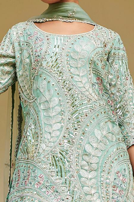 Osaa By Adarsh_Blue Organza Embroidery, Sequins Round Autumn Leaves Short Kurta Sharara Set_Online_at_Aza_Fashions
