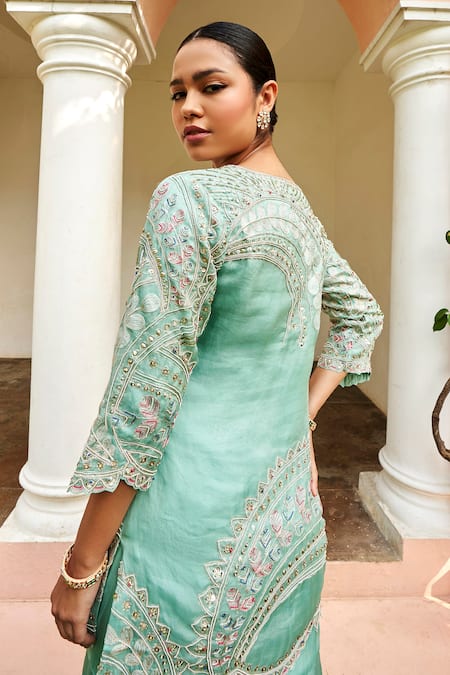 Buy_Osaa By Adarsh_Blue Organza Embroidery, Sequins Round Autumn Leaves Short Kurta Sharara Set_Online_at_Aza_Fashions