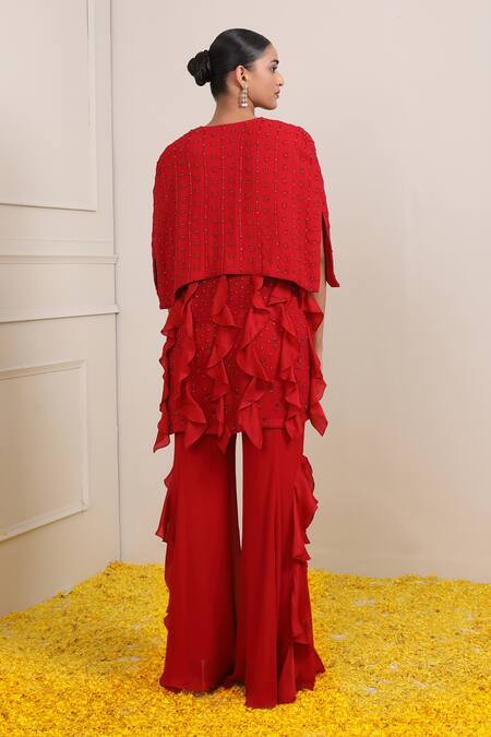 Shop_Miku Kumar_Red Satin, Georgette Sequins Scoop Amina Embroidered Ruffle Cape Palazzo Set _at_Aza_Fashions