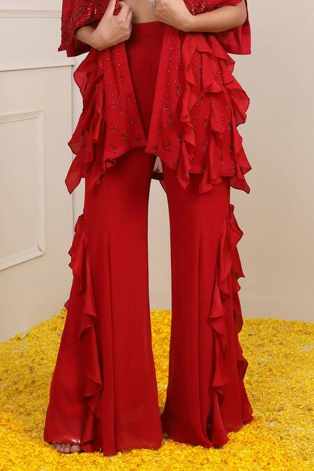 Miku Kumar Red Satin, Georgette Sequins Scoop Amina Embroidered Ruffle Cape Palazzo Set Online at Aza Fashions Miku Kumar_Red Satin, Georgette Sequins Scoop Amina Embroidered Ruffle Cape Palazzo Set _Online_at_Aza_Fashions