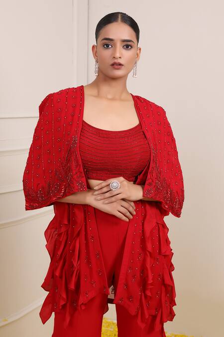 Shop_Miku Kumar_Red Satin, Georgette Sequins Scoop Amina Embroidered Ruffle Cape Palazzo Set _Online_at_Aza_Fashions