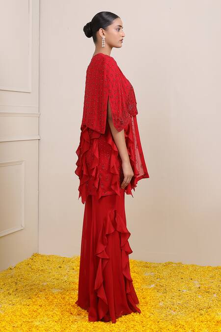 Miku Kumar_Red Satin, Georgette Sequins Scoop Amina Embroidered Ruffle Cape Palazzo Set _at_Aza_Fashions
